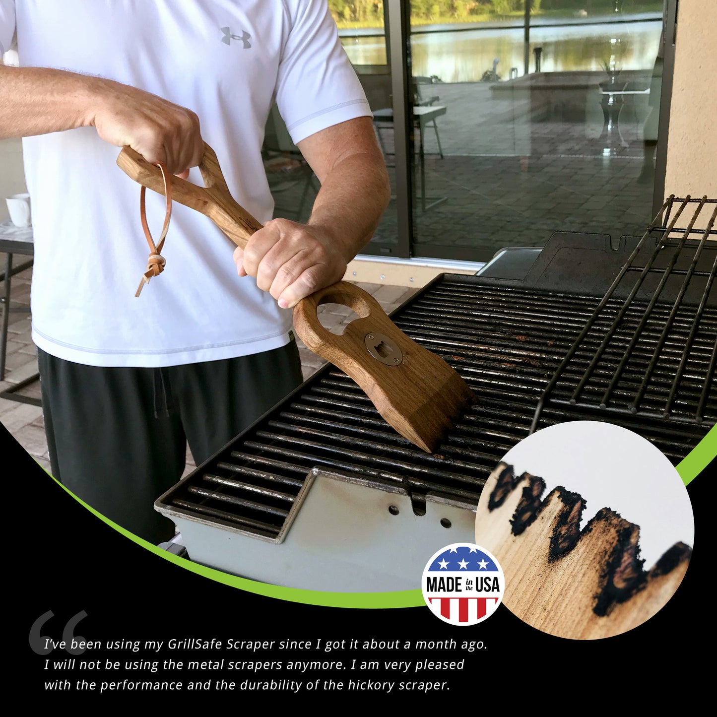 man cleaning grill with grillsafe wooden grill scraper